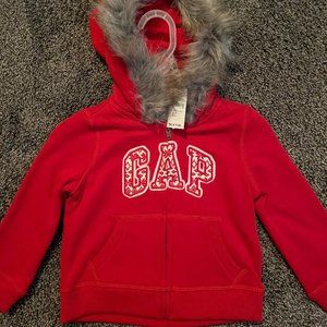 NWT BABY GAP GIRLS 12-18 MONTHS RED FAUX FUR ARCH HOODIE JACKET